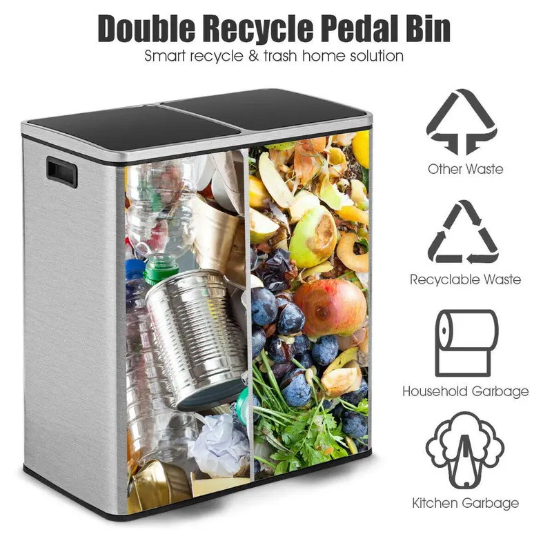 Dual-Compartment Stainless Steel Step Trash Can – 60-Liter (16-Gallon) Touch-Free Bin Set