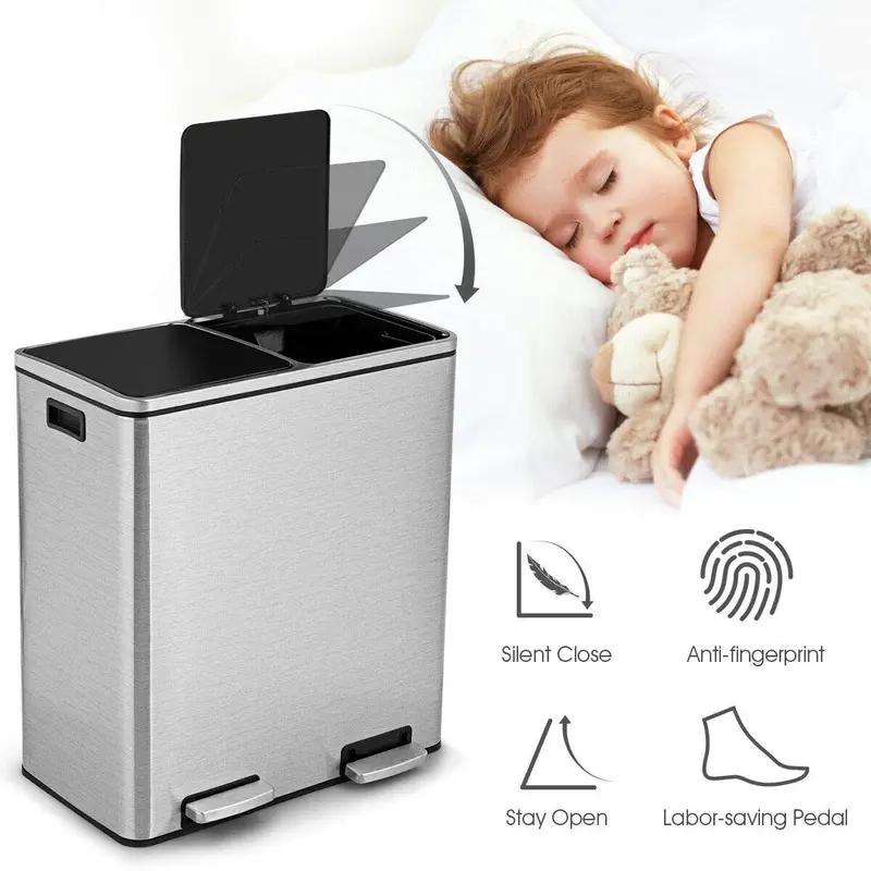 Dual-Compartment Stainless Steel Step Trash Can – 60-Liter (16-Gallon) Touch-Free Bin Set