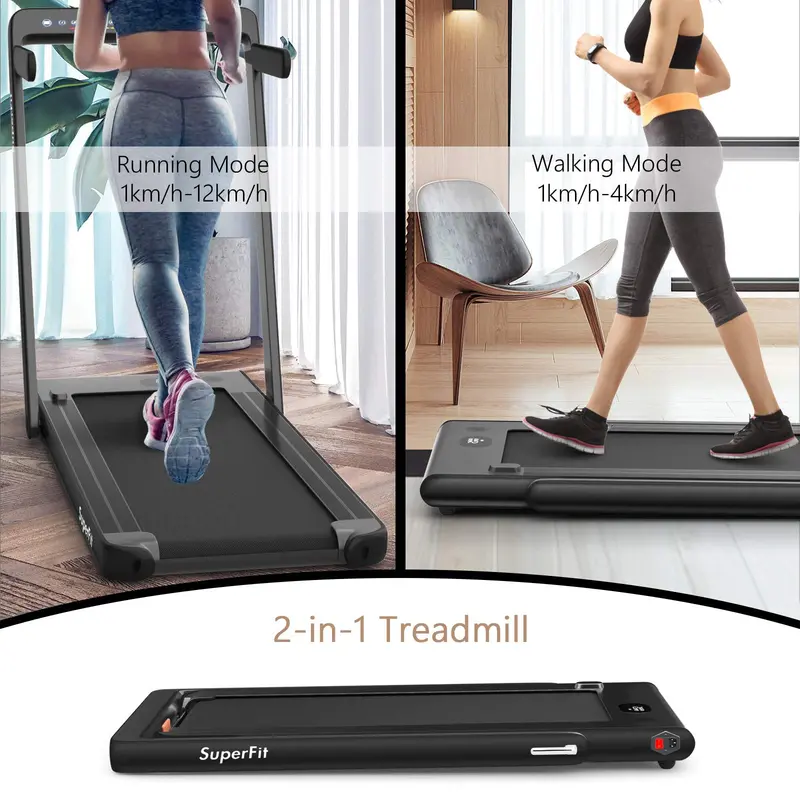 Dual-Display Under-Desk Folding Treadmill – 2.25HP Superfit Compact Exercise Pad
