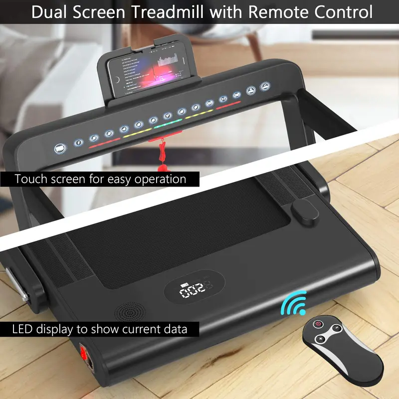 Dual-Display Under-Desk Folding Treadmill – 2.25HP Superfit Compact Exercise Pad