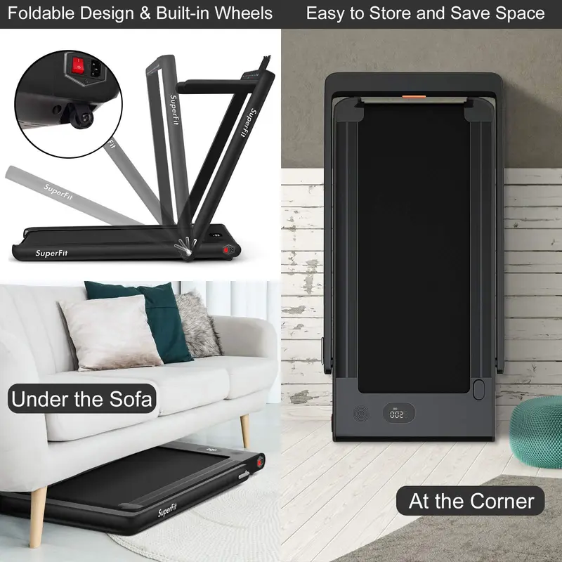 Dual-Display Under-Desk Folding Treadmill – 2.25HP Superfit Compact Exercise Pad