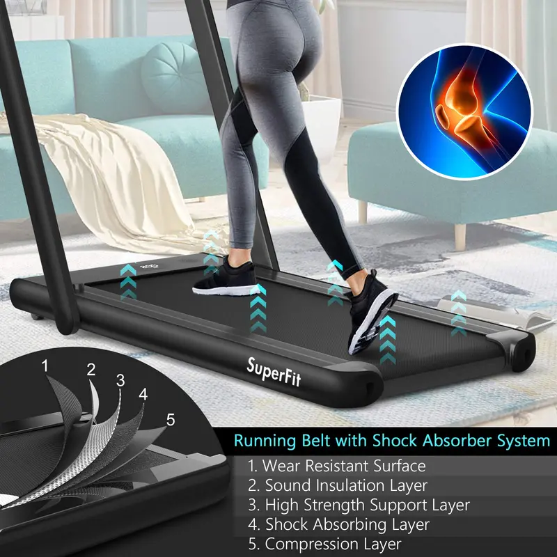 Dual-Display Under-Desk Folding Treadmill – 2.25HP Superfit Compact Exercise Pad