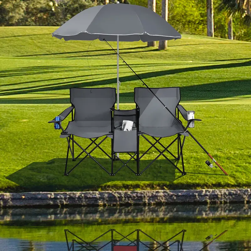 Dual-Folding Picnic Chair Set with Built-in Umbrella, Mini Table & Carry Bag