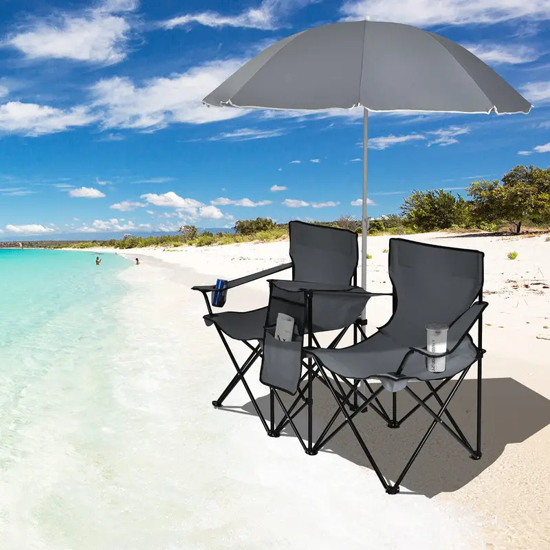 Dual-Folding Picnic Chair Set with Built-in Umbrella, Mini Table & Carry Bag