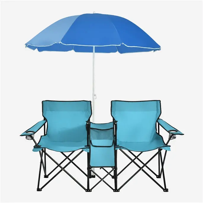 Dual-Folding Picnic Chair Set with Built-in Umbrella, Mini Table & Carry Bag