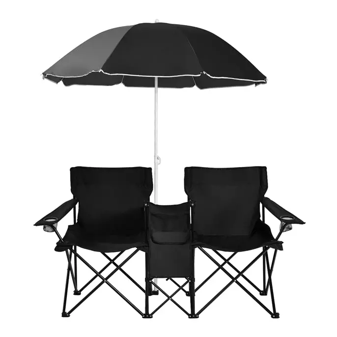 Dual-Folding Picnic Chair Set with Built-in Umbrella, Mini Table & Carry Bag