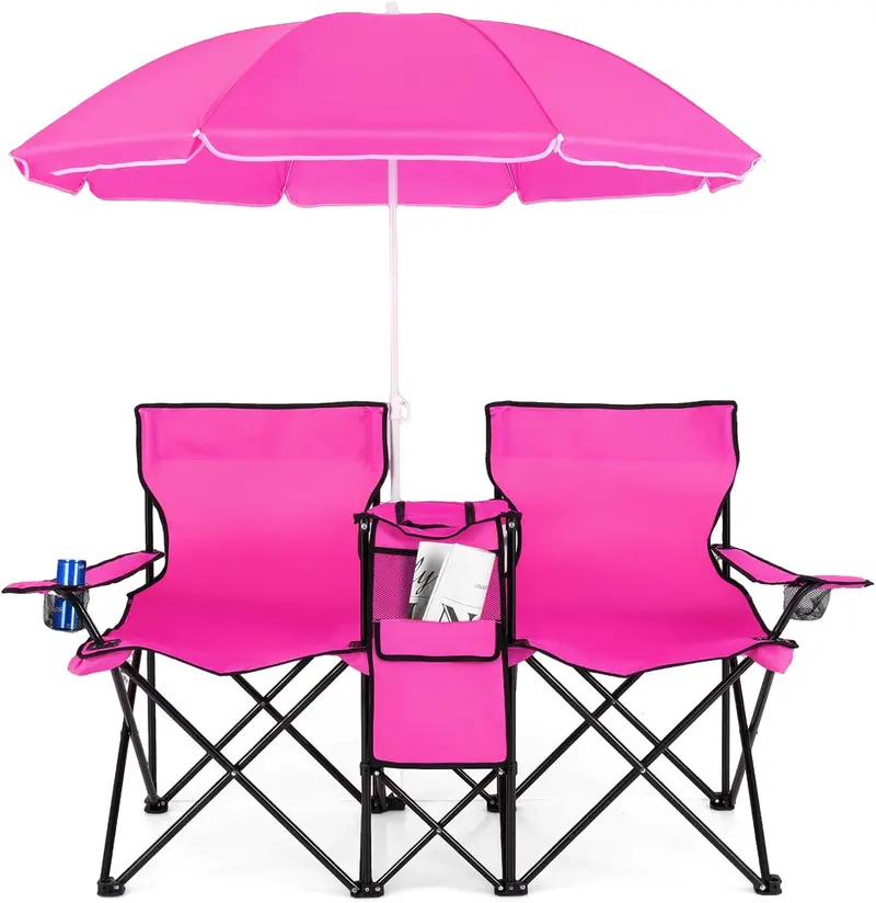 Dual-Folding Picnic Chair Set with Built-in Umbrella, Mini Table & Carry Bag