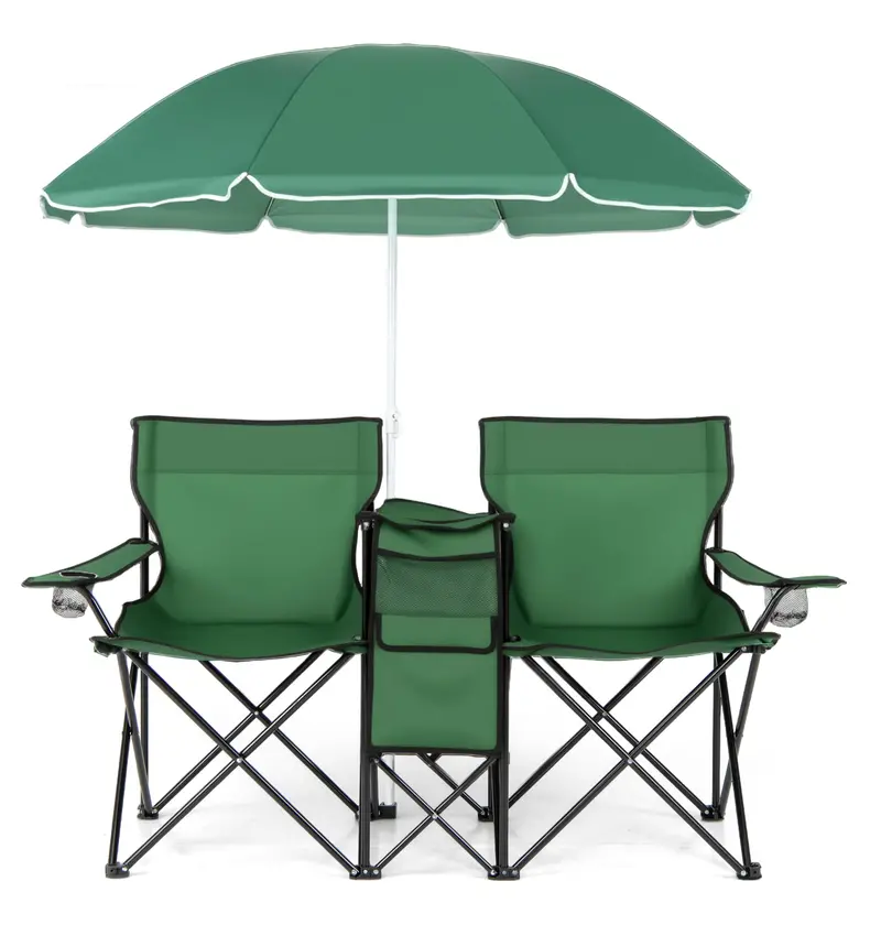 Dual-Folding Picnic Chair Set with Built-in Umbrella, Mini Table & Carry Bag