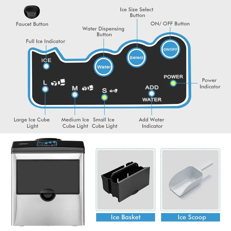 Dual-Function Countertop Ice Maker & Water Cooler – 48 lbs/24 Hours with Small/Medium/Large Ice Options