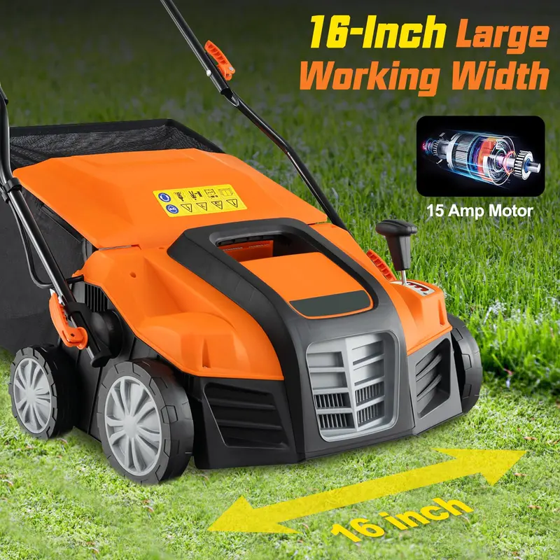 Dual-Function Electric Lawn Dethatcher & Scarifier – 16" Corded Unit with 14.5-Gal Catch Bag