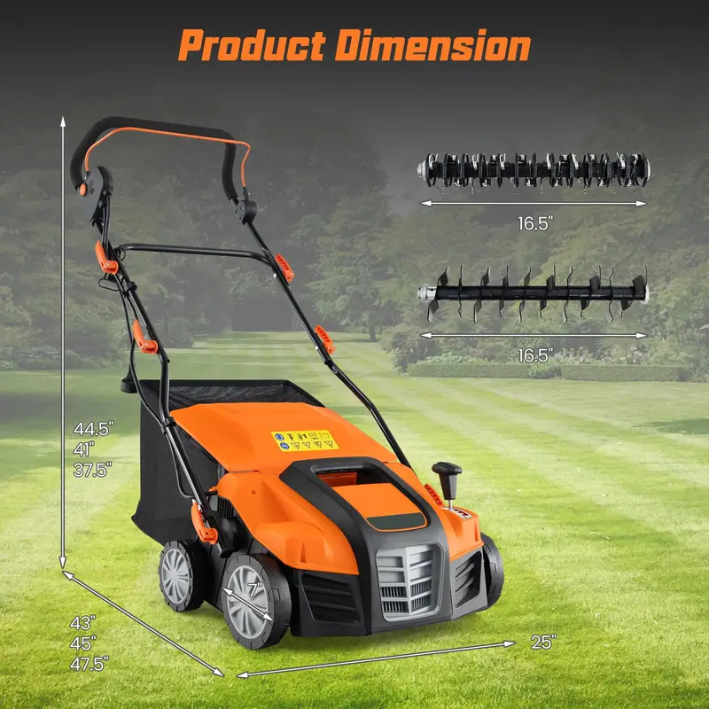 Dual-Function Electric Lawn Dethatcher & Scarifier – 16" Corded Unit with 14.5-Gal Catch Bag
