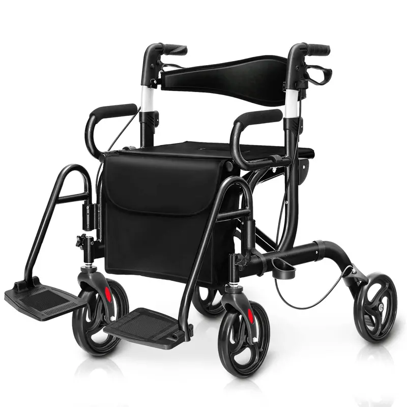 Dual-Function Folding Rollator Walker and Transport Wheelchair for Seniors