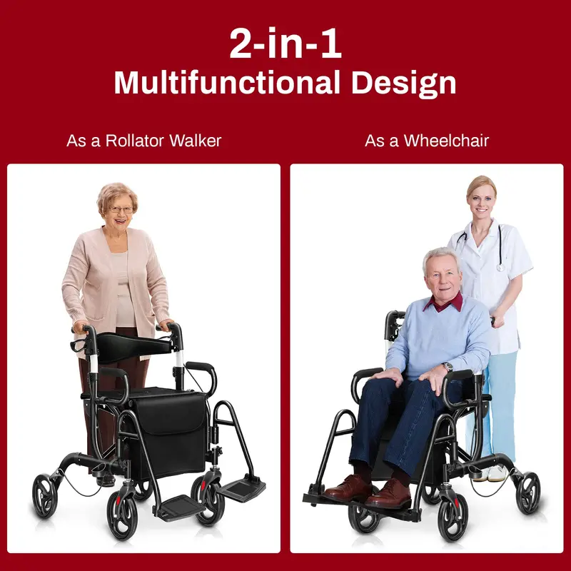 Dual-Function Folding Rollator Walker and Transport Wheelchair for Seniors 2