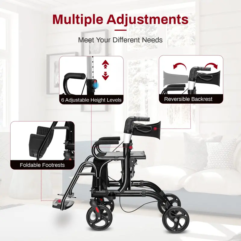 Dual-Function Folding Rollator Walker and Transport Wheelchair for Seniors