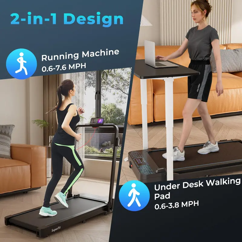 Dual-Function Folding Treadmill – 300 LB Capacity Walking Pad with Handlebar, Remote & App Control, Under-Desk Design 2