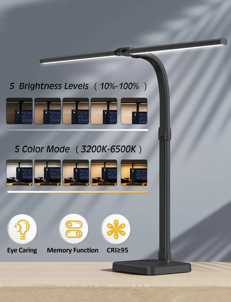 Dual-Head Architect LED Desk Lamp – 24W, 5 Brightness Levels & Flexible Gooseneck for Precision Tasks 2