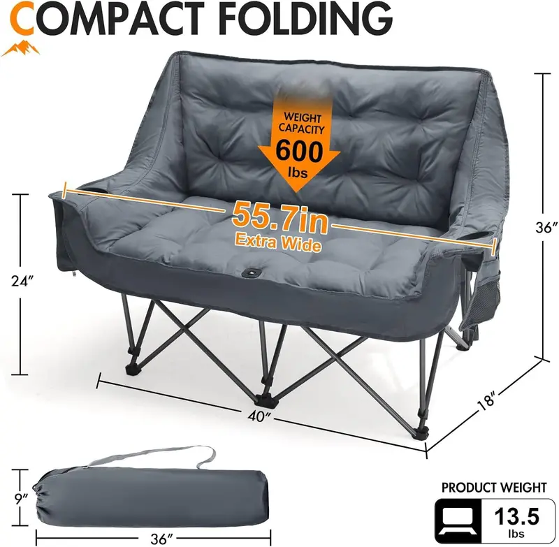 Dual-Seat Folding Camping Loveseat – Padded Outdoor Chair for Two with Cup Holders & 600-Lb Load Limit