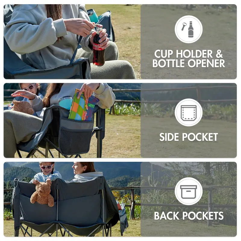 Dual-Seat Folding Camping Loveseat – Padded Outdoor Chair for Two with Cup Holders & 600-Lb Load Limit