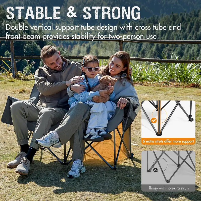 Dual-Seat Folding Camping Loveseat – Padded Outdoor Chair for Two with Cup Holders & 600-Lb Load Limit