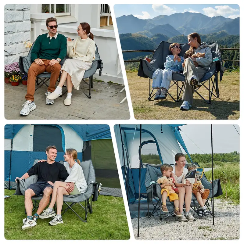 Dual-Seat Folding Camping Loveseat – Padded Outdoor Chair for Two with Cup Holders & 600-Lb Load Limit