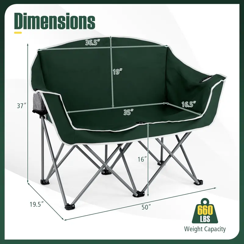 Dual-Seat Folding Outdoor Couch with Cup Holders and Back Pockets