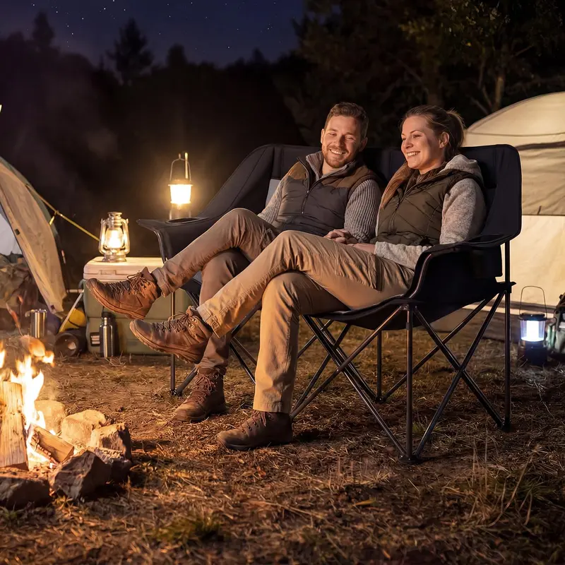 Dual-Seater Camping Chair with Cup Holders, Glass Racks & Mesh Storage 2