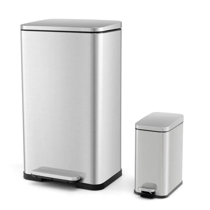 Dual-Size Step-Activated Stainless Steel Trash Can Set (10.6 Gal + 1.6 Gal)