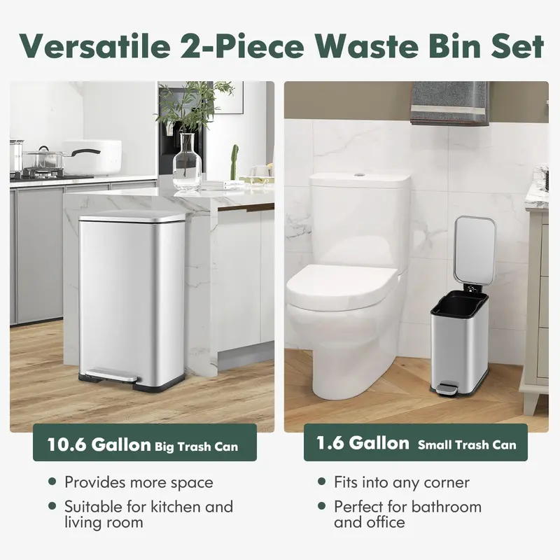 Dual-Size Step-Activated Stainless Steel Trash Can Set (10.6 Gal + 1.6 Gal) 2