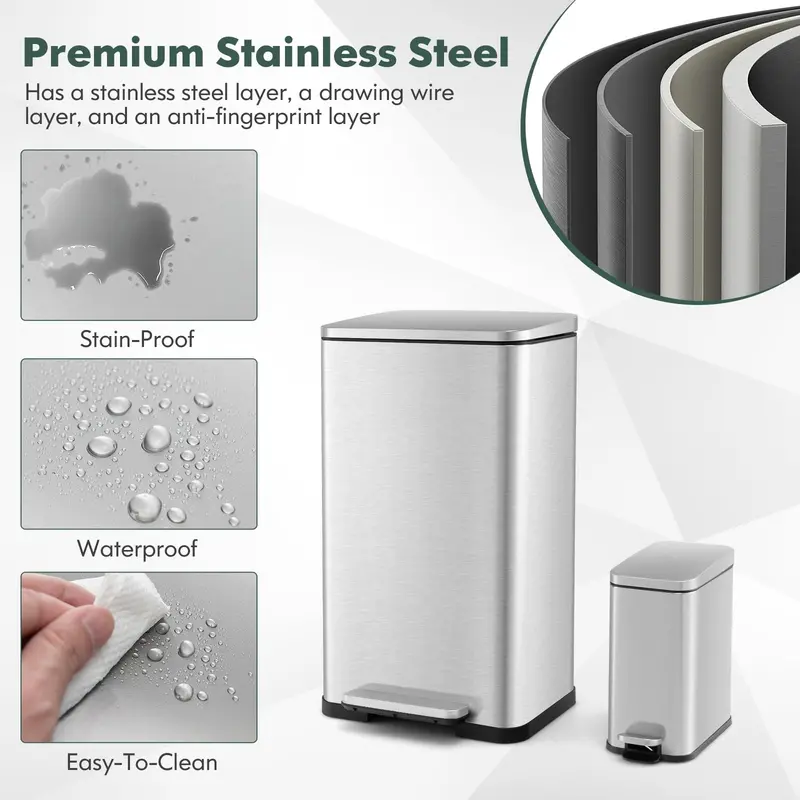 Dual-Size Step-Activated Stainless Steel Trash Can Set (10.6 Gal + 1.6 Gal)
