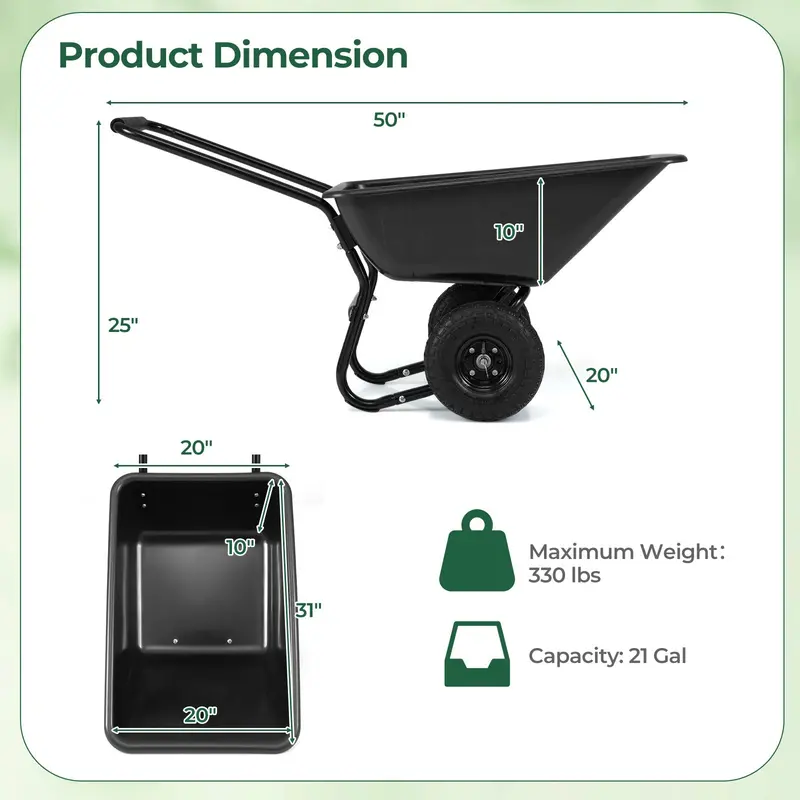 Dual-Wheel Pneumatic Wheelbarrow – Heavy-Duty Garden Cart with 330 LB Load Capacity