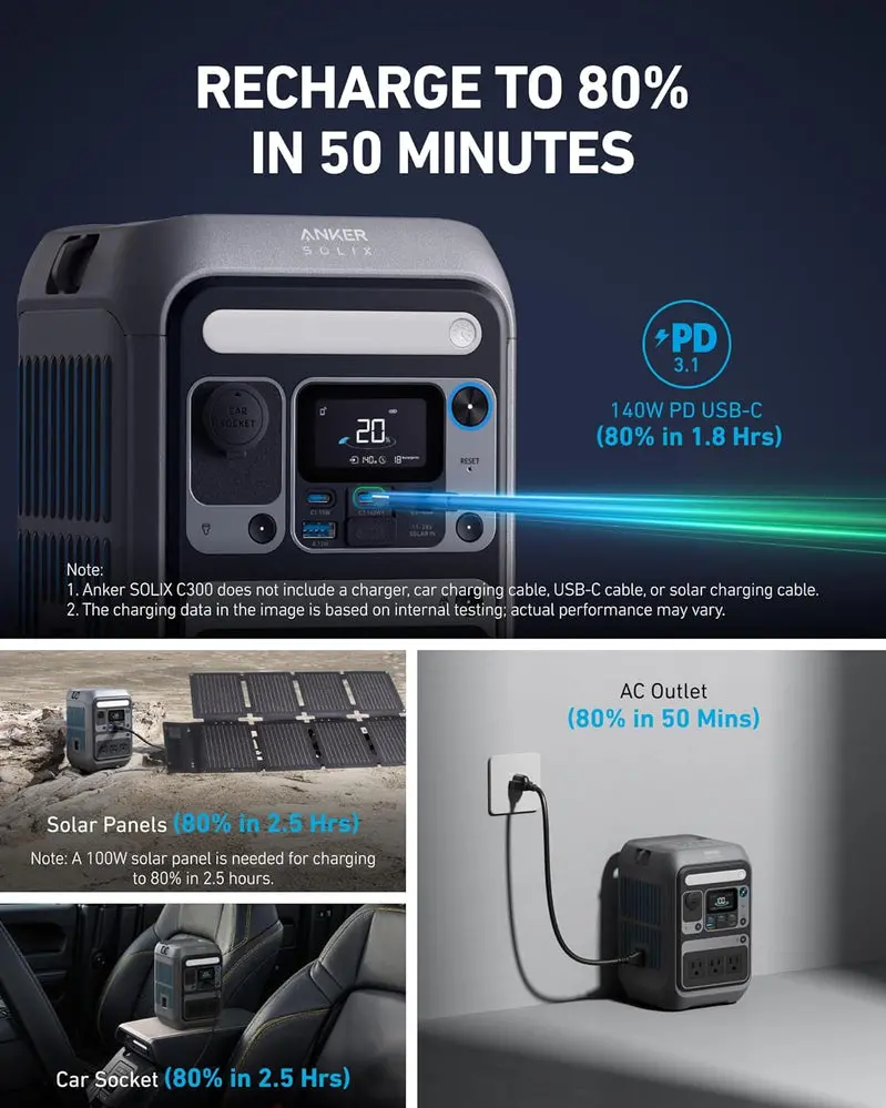 EcoFlow Solix C300 Portable Power Station – 288Wh LiFePO4 Battery, Compact Off-Grid Energy Source