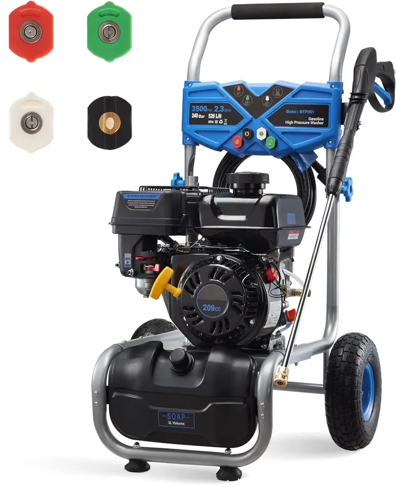 Efurden 3500 PSI Gas-Powered Pressure Washer – 2.3 GPM, 209cc Engine, 4-Position Nozzle Kit for Vehicles, Patios, Walls & Gardens (Blue)