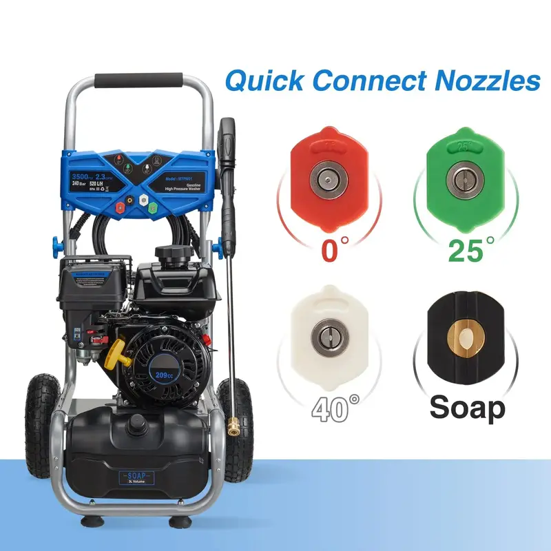 Efurden 3500 PSI Gas-Powered Pressure Washer – 2.3 GPM, 209cc Engine, 4-Position Nozzle Kit for Vehicles, Patios, Walls & Gardens (Blue)