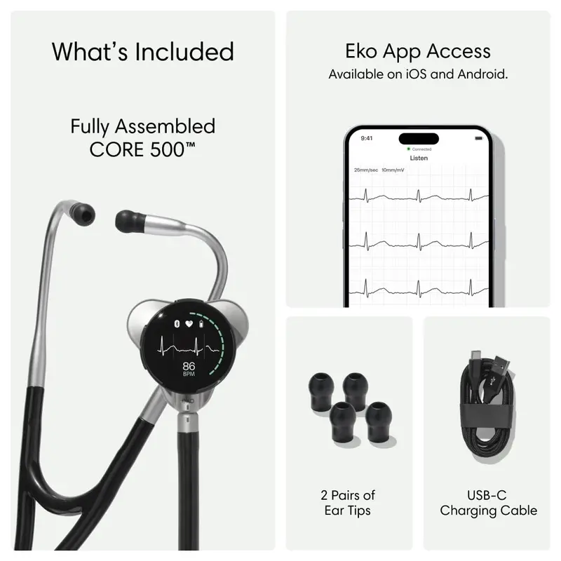 Eko Digital Stethoscope – Bluetooth Audio + 3-Lead ECG with Full-Color Diagnostic Display
