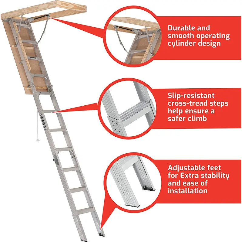 Elite AA2510 Aluminum Attic Ladder – 25.5" x 54", Type IAA, 375-Lb Load Rating, Fits 7'8"–10' Ceilings