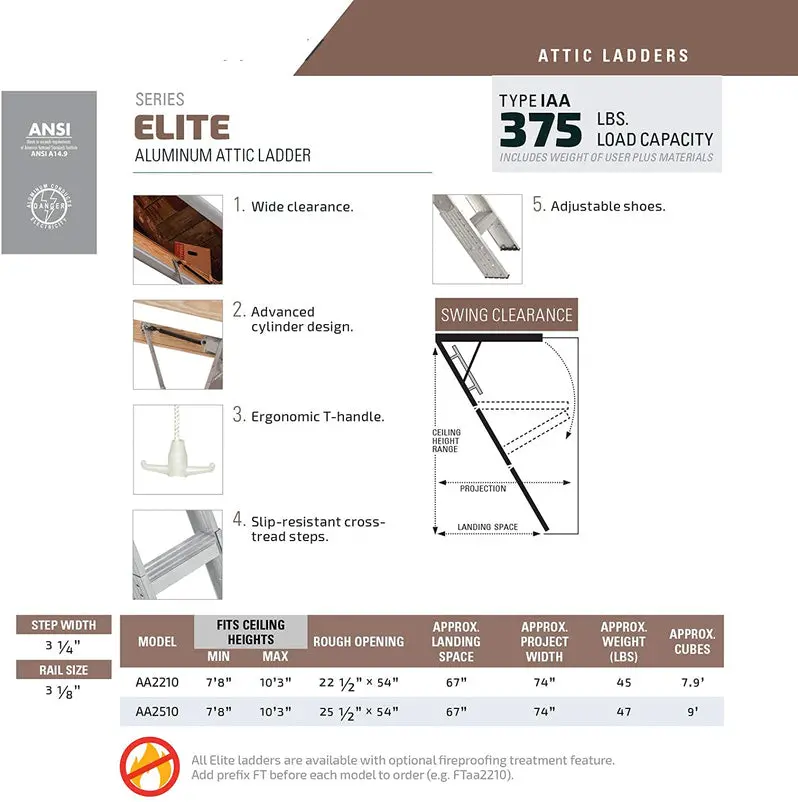 Elite AA2510 Aluminum Attic Ladder – 25.5" x 54", Type IAA, 375-Lb Load Rating, Fits 7'8"–10' Ceilings
