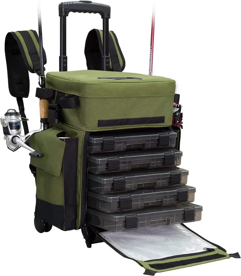 Elkton Outdoors Waterproof Rolling Tackle Box – Fishing Backpack with Rod Holders & Removable Trays