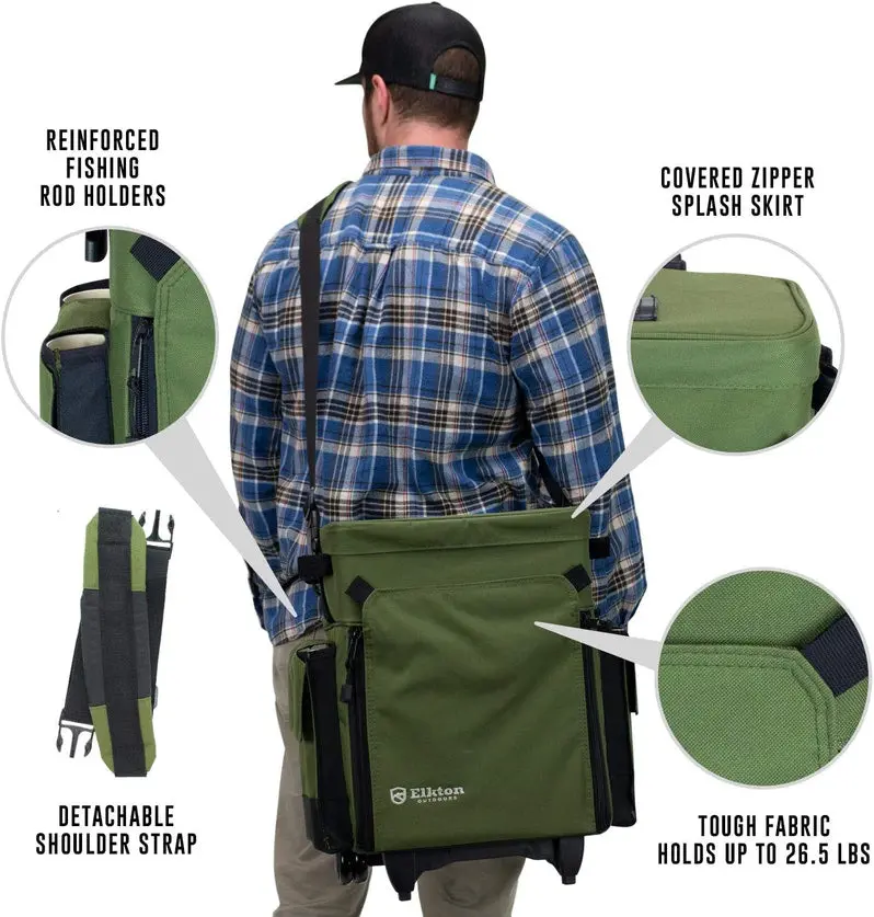Elkton Outdoors Waterproof Rolling Tackle Box – Fishing Backpack with Rod Holders & Removable Trays