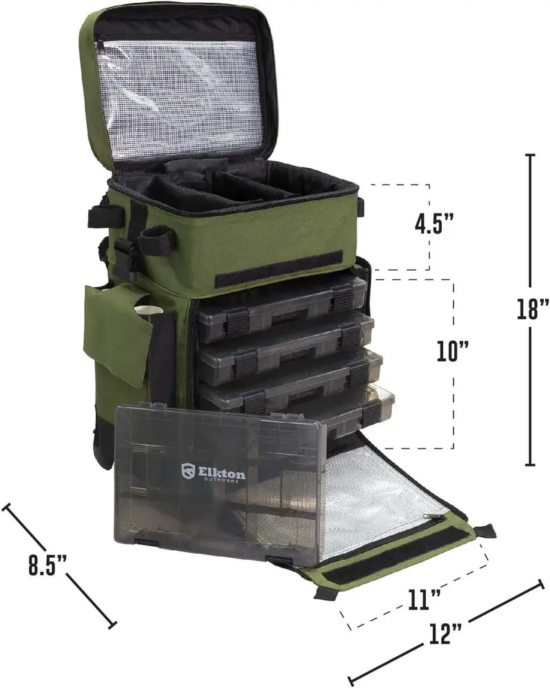 Elkton Outdoors Waterproof Rolling Tackle Box – Fishing Backpack with Rod Holders & Removable Trays
