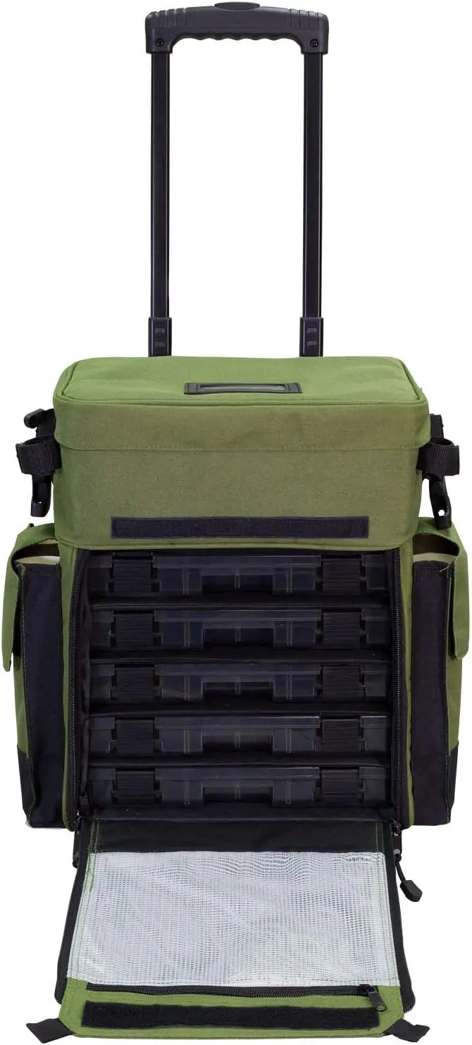 Elkton Outdoors Waterproof Rolling Tackle Box – Fishing Backpack with Rod Holders & Removable Trays