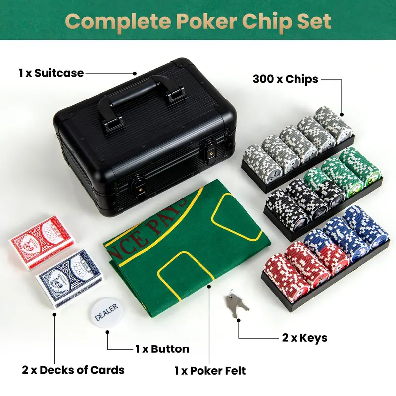 Entry-Level 300-Piece Poker Chip Set – Casino-Themed Kit with 6 Decks and Dealer Button