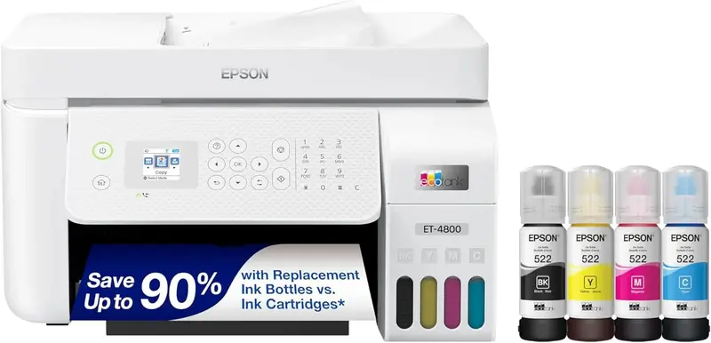 Epson EcoTank ET-4800 Wireless All-in-One Printer — Print/Scan/Copy/Fax, ADF, Ethernet, White