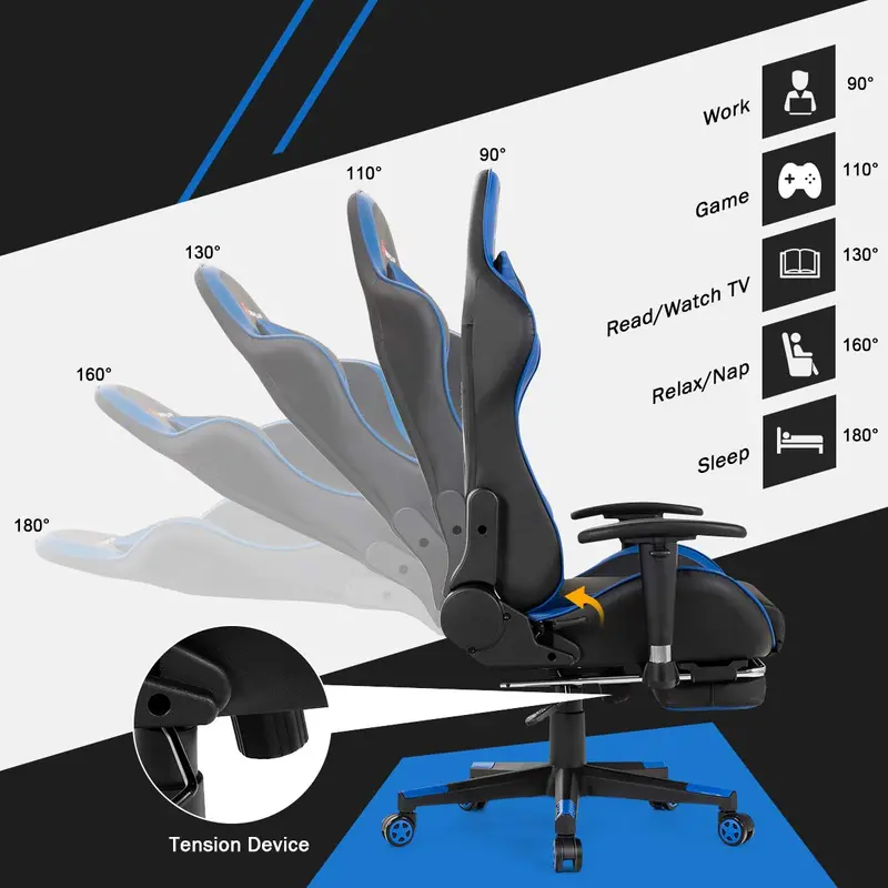 Ergonomic Massage Gaming Chair with Reclining Backrest, Adjustable Seat Height, and Contoured Handrails 2