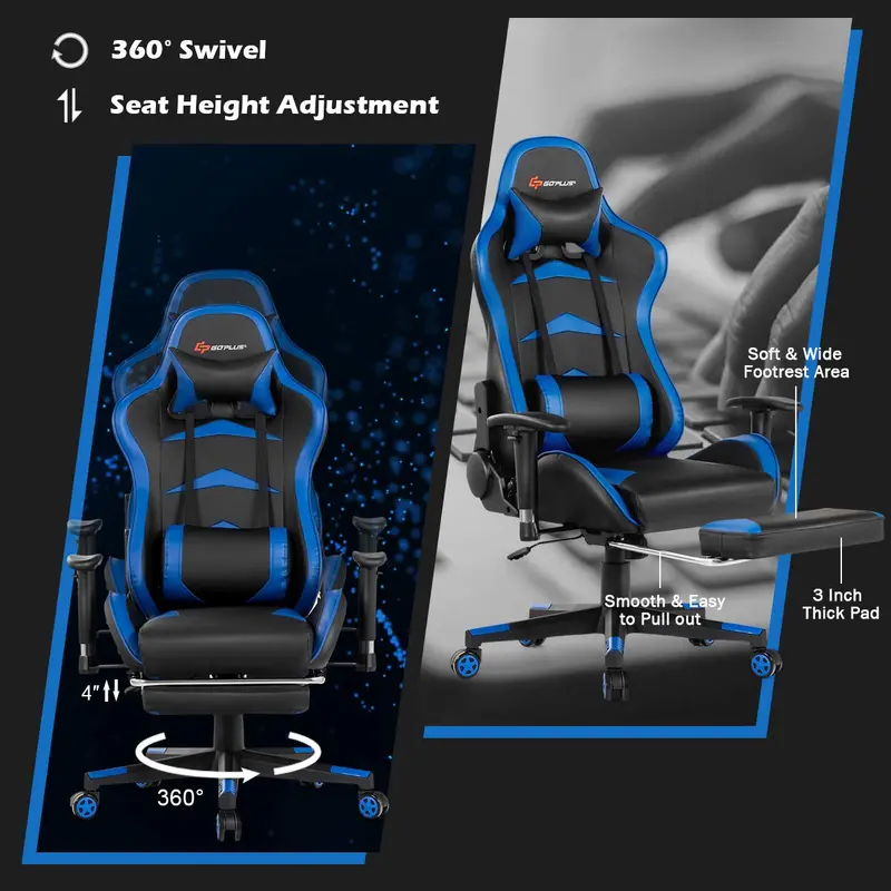 Ergonomic Massage Gaming Chair with Reclining Backrest, Adjustable Seat Height, and Contoured Handrails