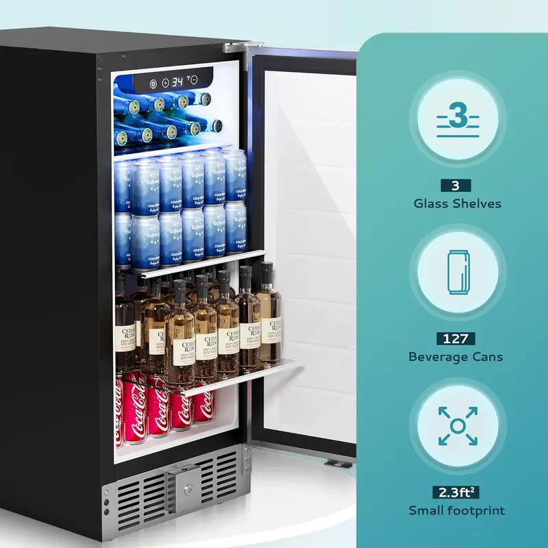 EUHOMY 15-Inch Undercounter Beverage Fridge – 127-Can Capacity, Stainless Steel Door, Built-In or Freestanding Soda & Drink Cooler
