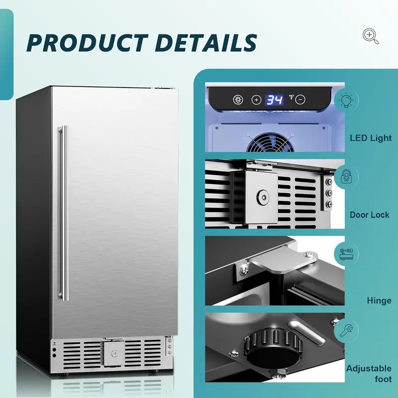 EUHOMY 15-Inch Undercounter Beverage Fridge – 127-Can Capacity, Stainless Steel Door, Built-In or Freestanding Soda & Drink Cooler