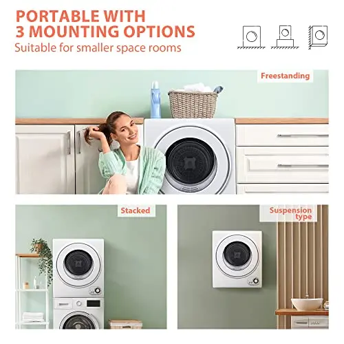 Euhomy 850W Compact Clothes Dryer — 1.5 Cu. Ft. Drum, Ultra-Quiet Operation, Wall-Mount Option, Multi-Program Settings for Small Living Spaces