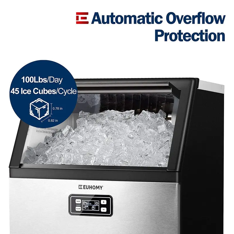 Euhomy Commercial Undercounter Ice Maker – 100 lbs/24H Output, Dual Water Inlet, 33 lb Storage Bin