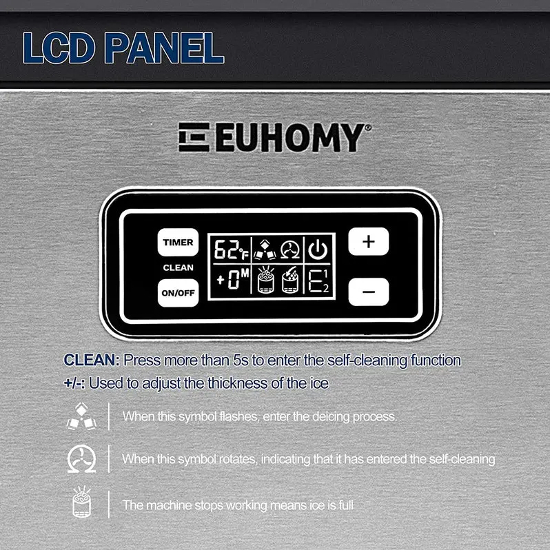 Euhomy Commercial Undercounter Ice Maker – 100 lbs/24H Output, Dual Water Inlet, 33 lb Storage Bin