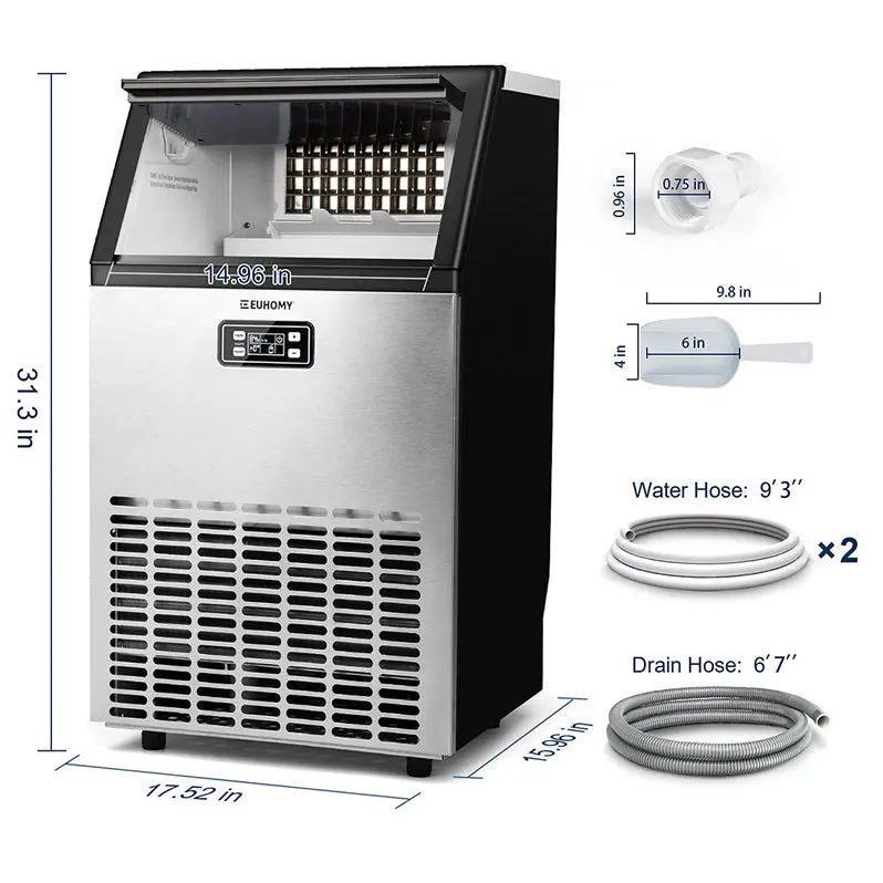 Euhomy Commercial Undercounter Ice Maker – 100 lbs/24H Output, Dual Water Inlet, 33 lb Storage Bin